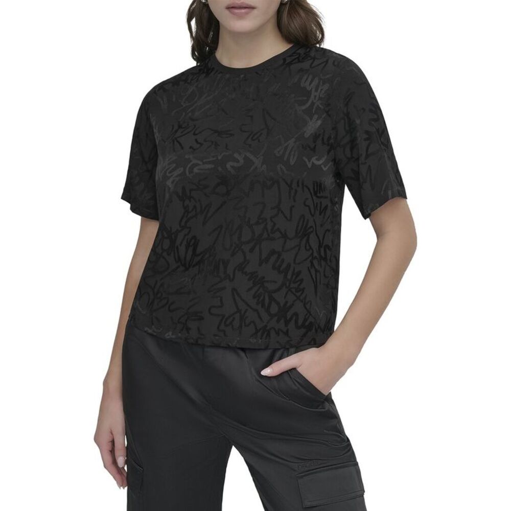 Dkny Womens Scribble Logo Jacquard Top, Black
